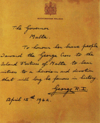 letter of the king giving the george cross to malta